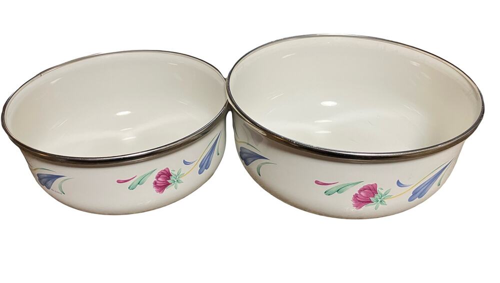 Lenox Poppies on Blue Metal Bowls 6-1/4" and 7" VTG Discontinued